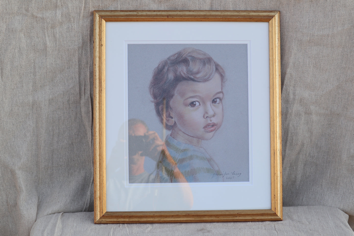 Beautiful signed framed pastel drawing of a young boy
