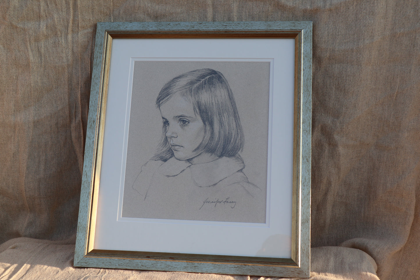 Beautiful signed framed pastel drawing of a young girl