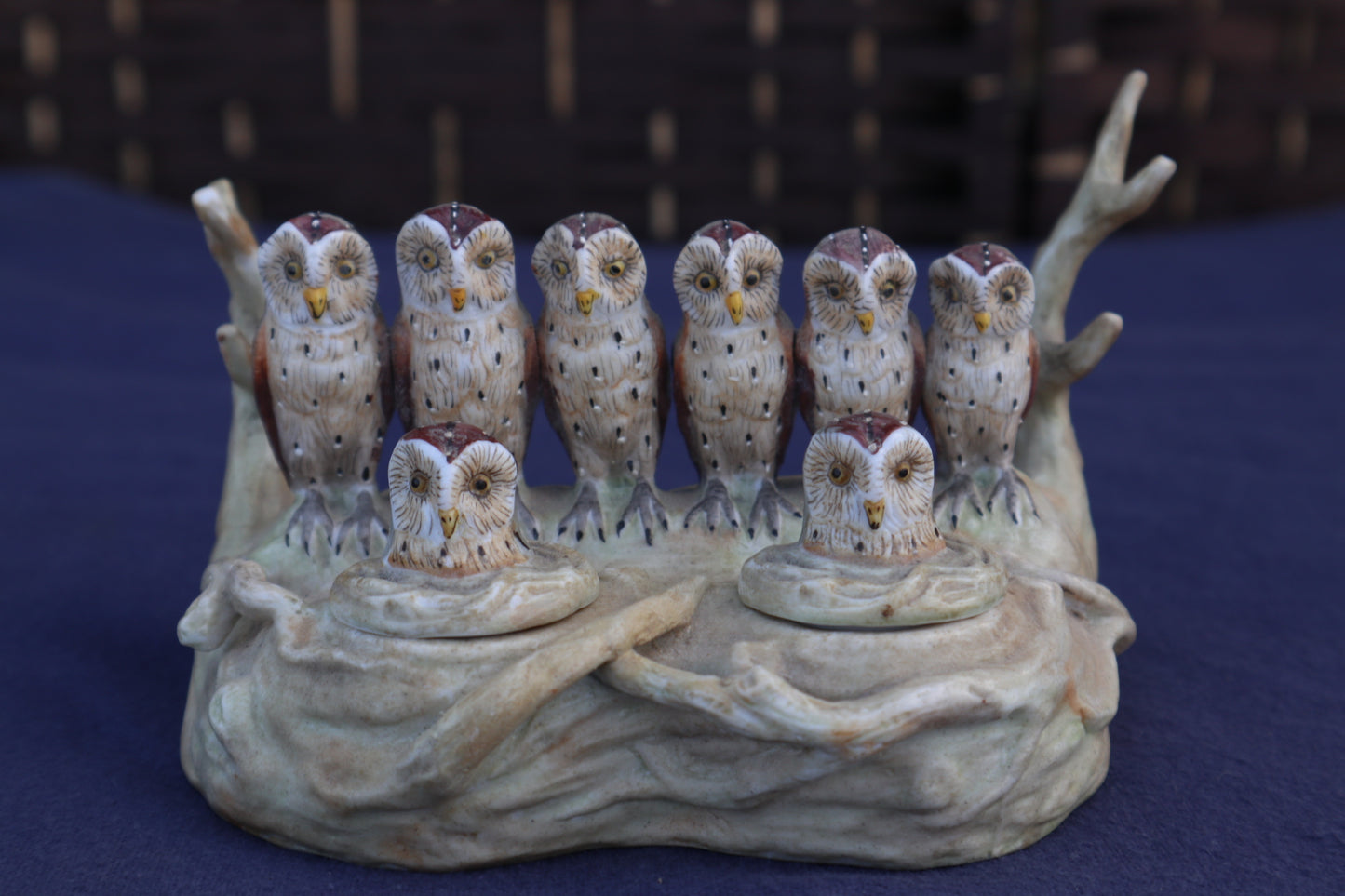 Antique German bisque porcelain owl inkwell by Ernst Bohne Sonhe