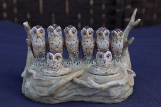 Antique German bisque porcelain owl inkwell by Ernst Bohne Sonhe