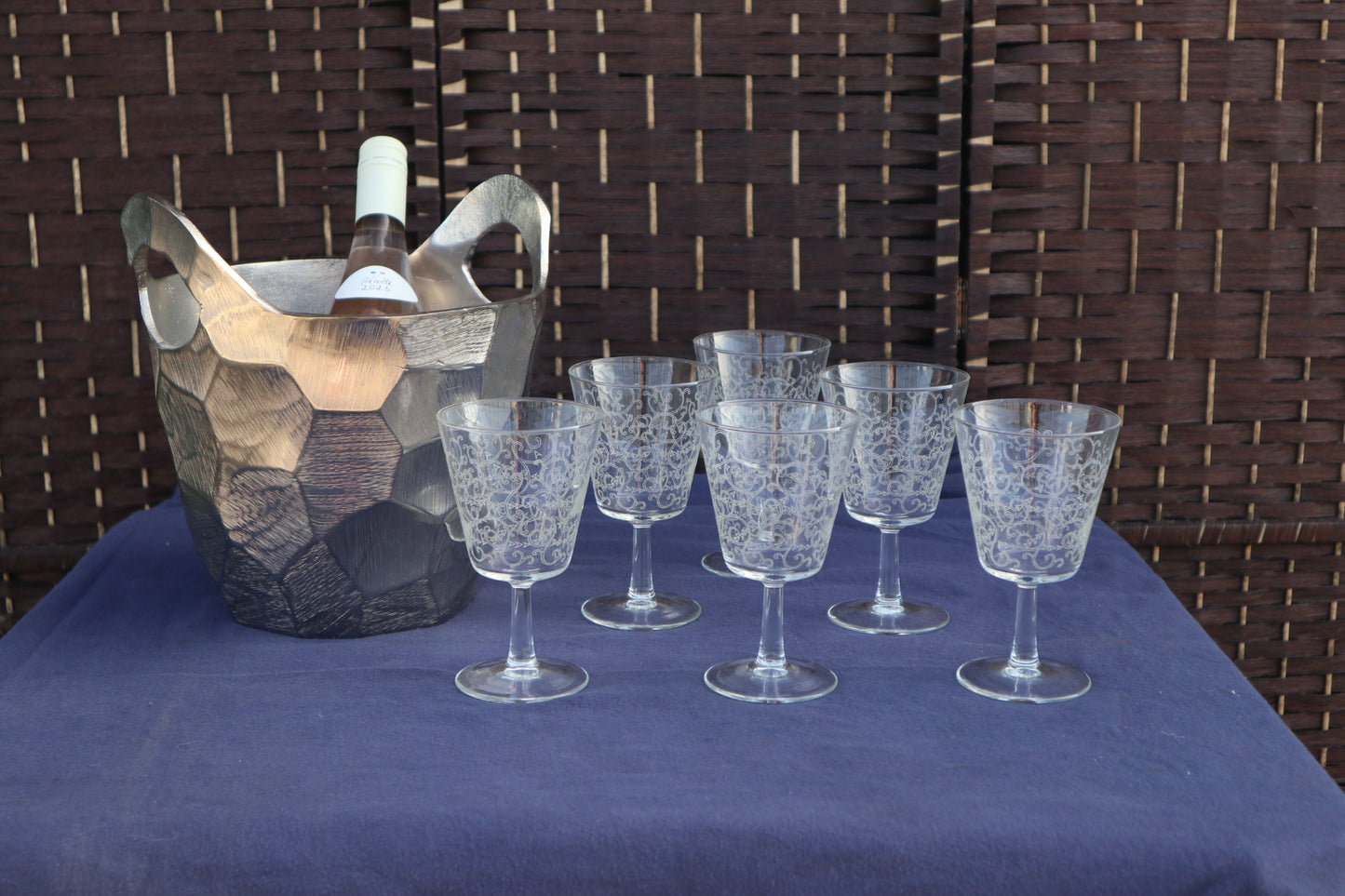 Set of six vintage French crystal wine glasses