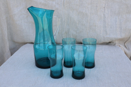 Vintage handblown blue glass lemonade set