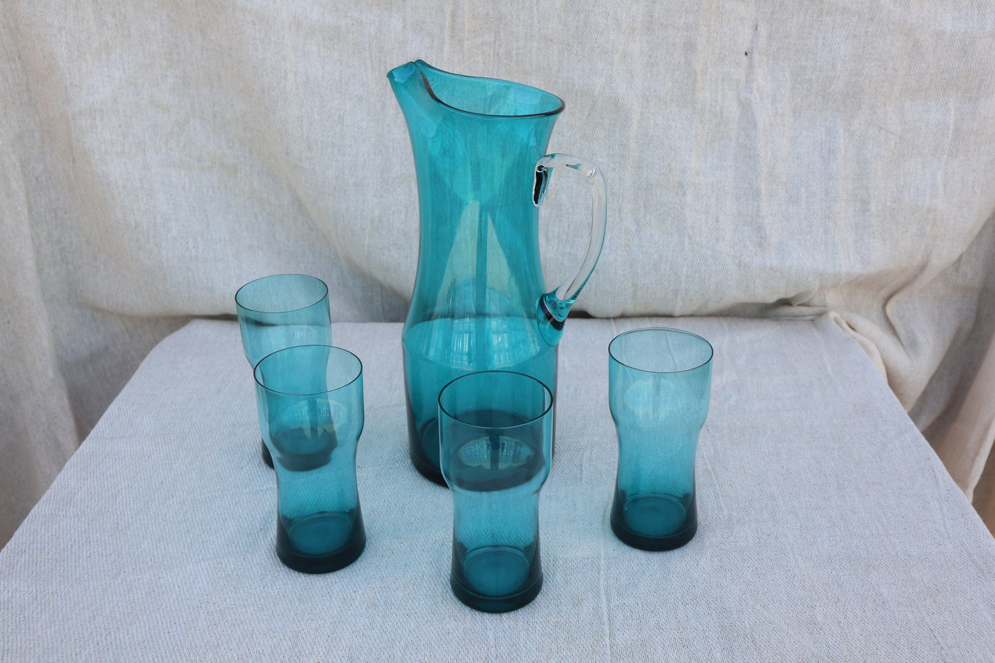 Vintage handblown blue glass lemonade set
